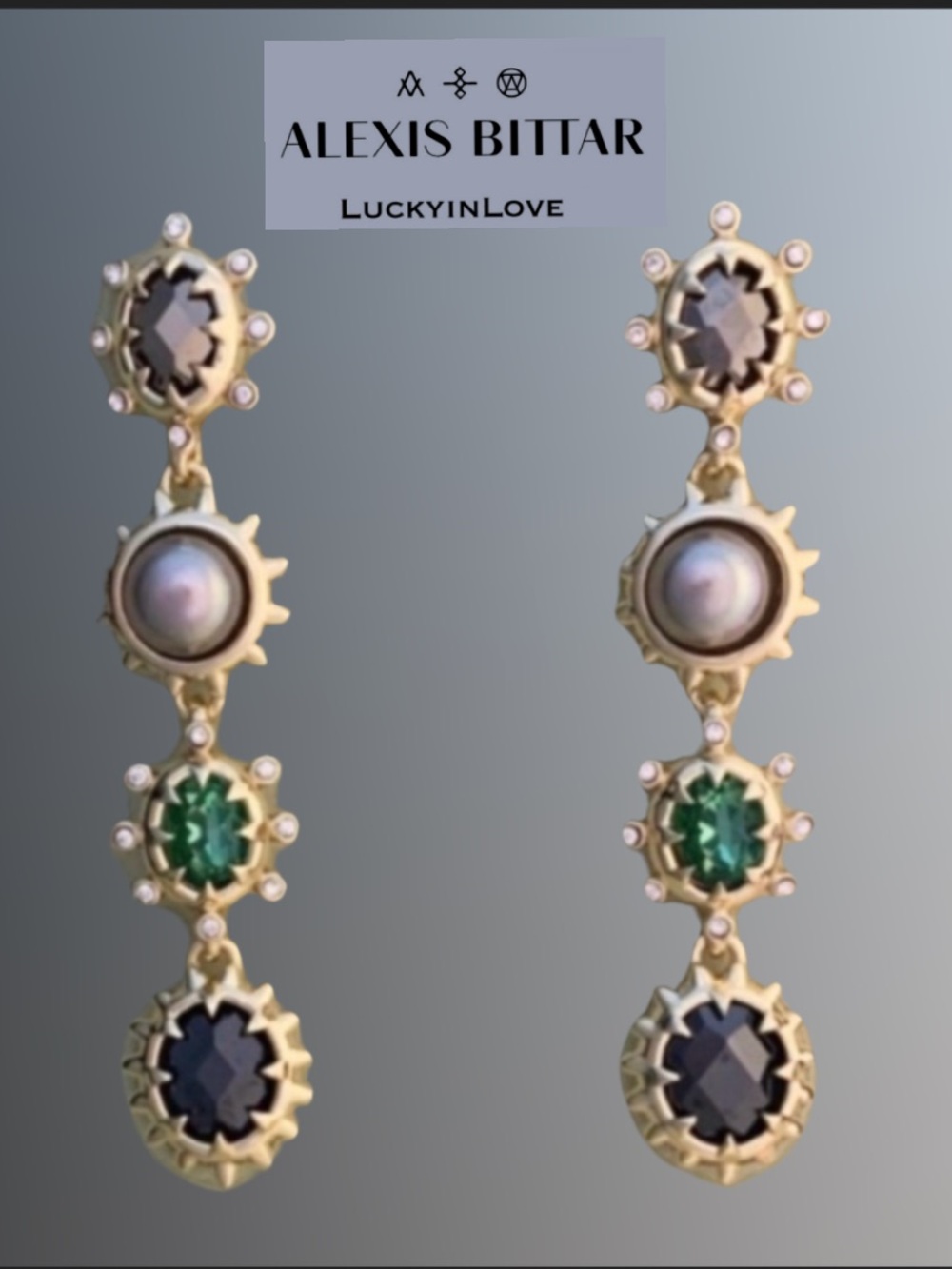 ALEXIS BITTAR • Georgian Linear Pearl Hematite Green Crystal Drop Post Earrings